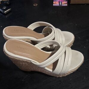 Kaanas Cream Leather Rope-Wrap Wedge Sandals Size 7